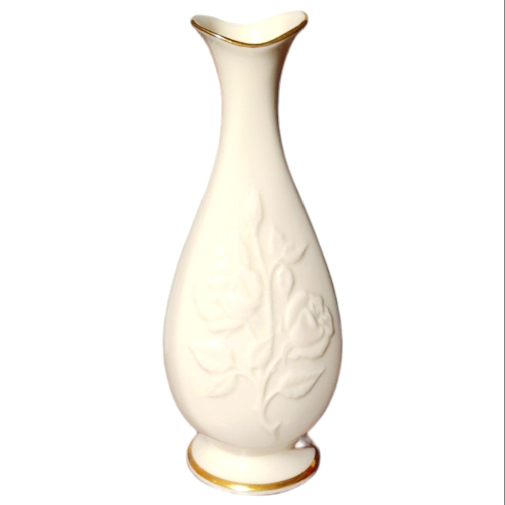Vintage LENOX Bud Flower Vase Cream Embossed Floral Rose Flowers 24k Gold Trim